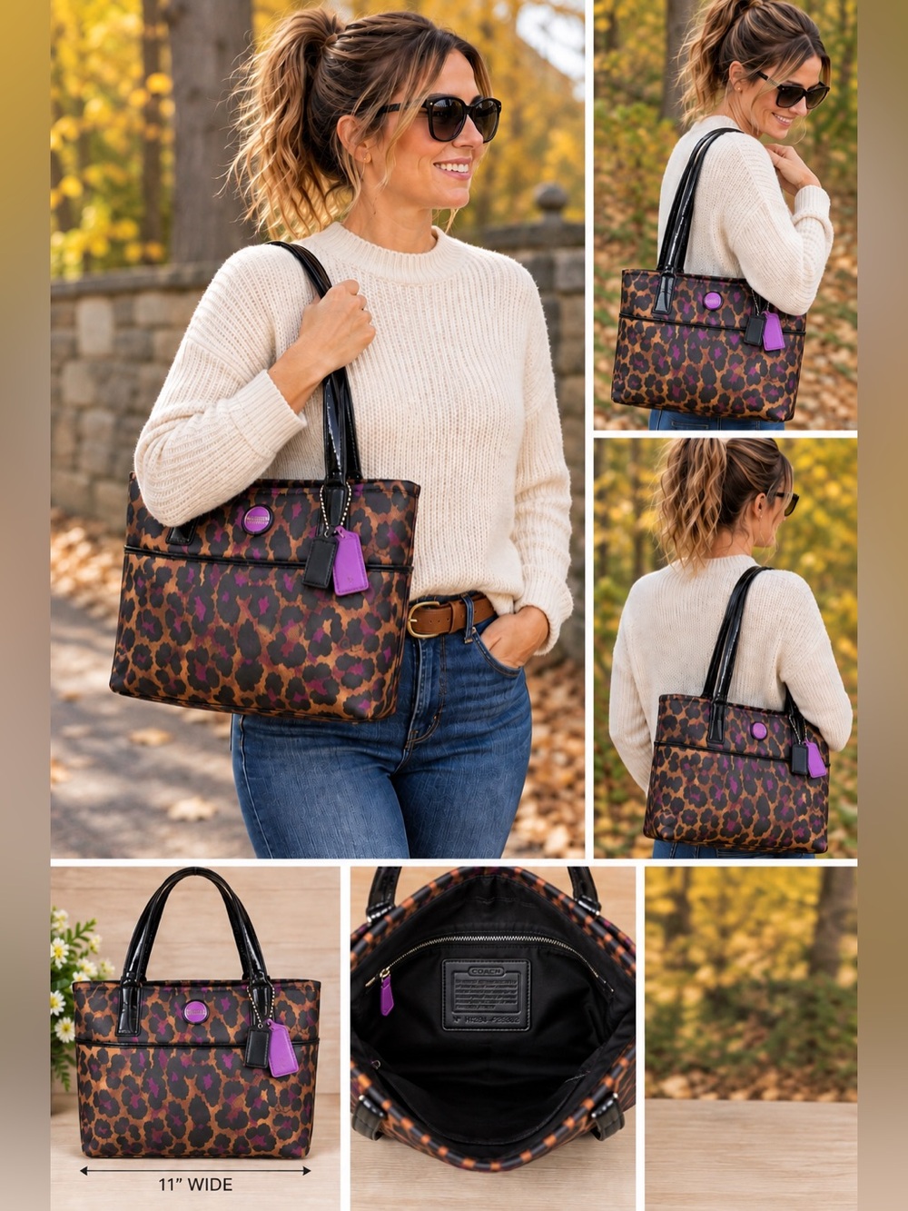 Coach F25282 Leopard Print Purple Patent Shoulder Bag Purse